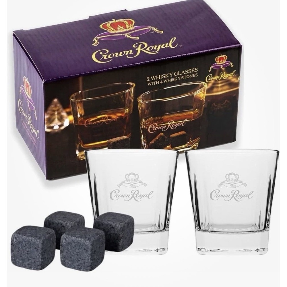Crown Royal Etched Whisky Glasses Set of 2 with 4 Whisky Stones NEW (C8)